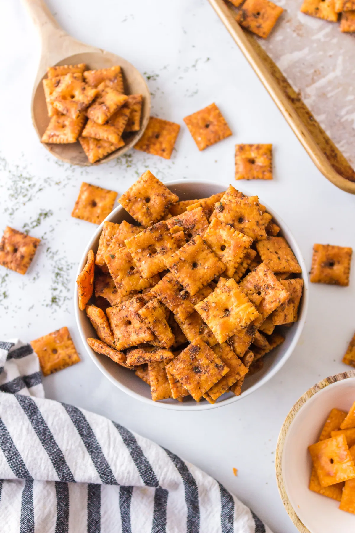 overhead shot of a bowl of crack crackers