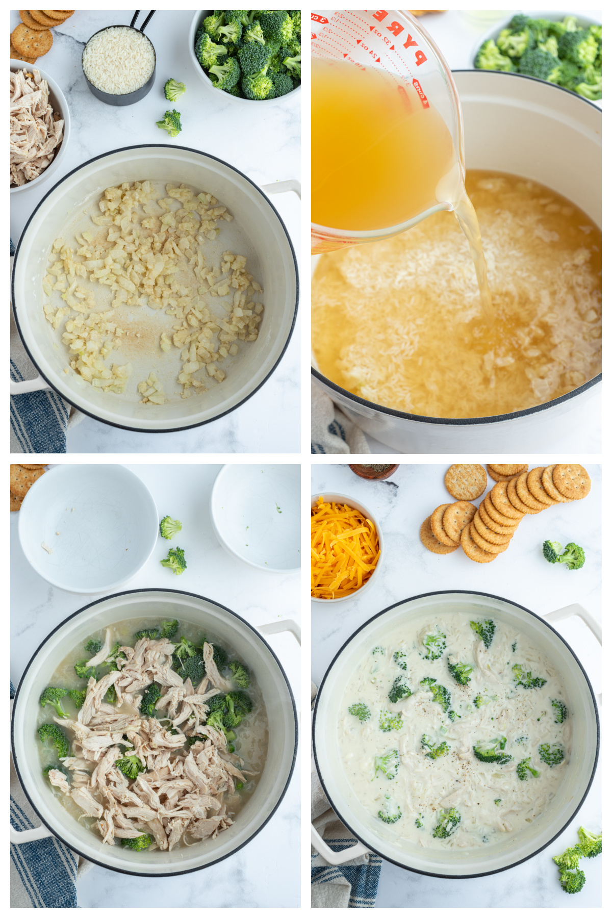 four photos showing how to make creamy chicken broccoli and rice soup
