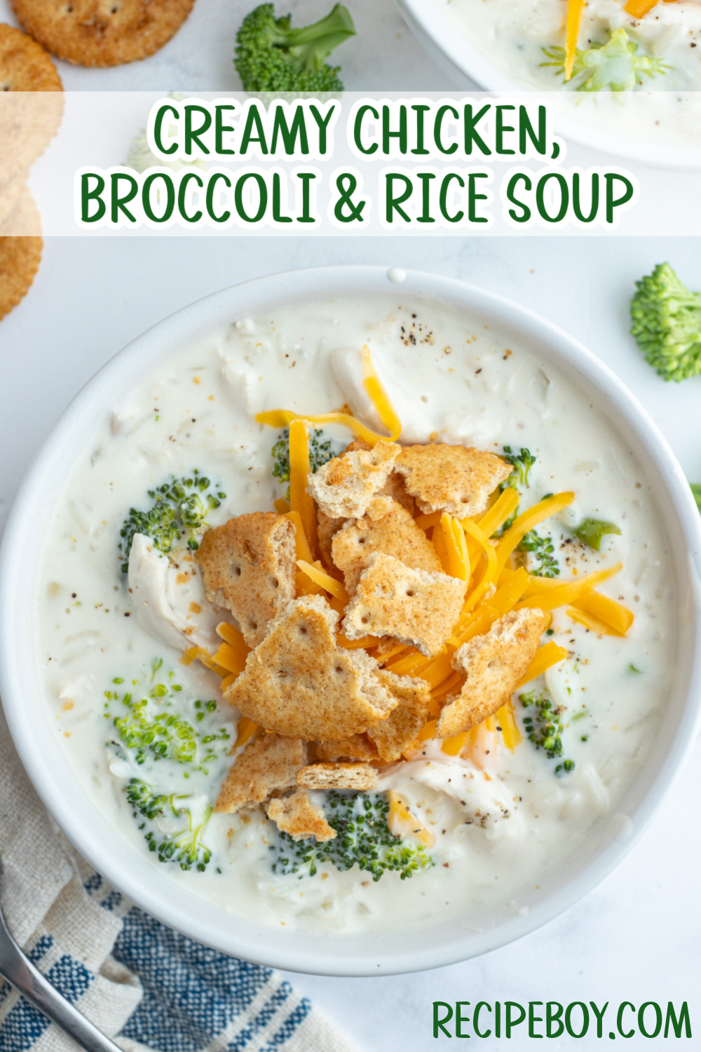 pinterest image for creamy chicken broccoli and rice soup