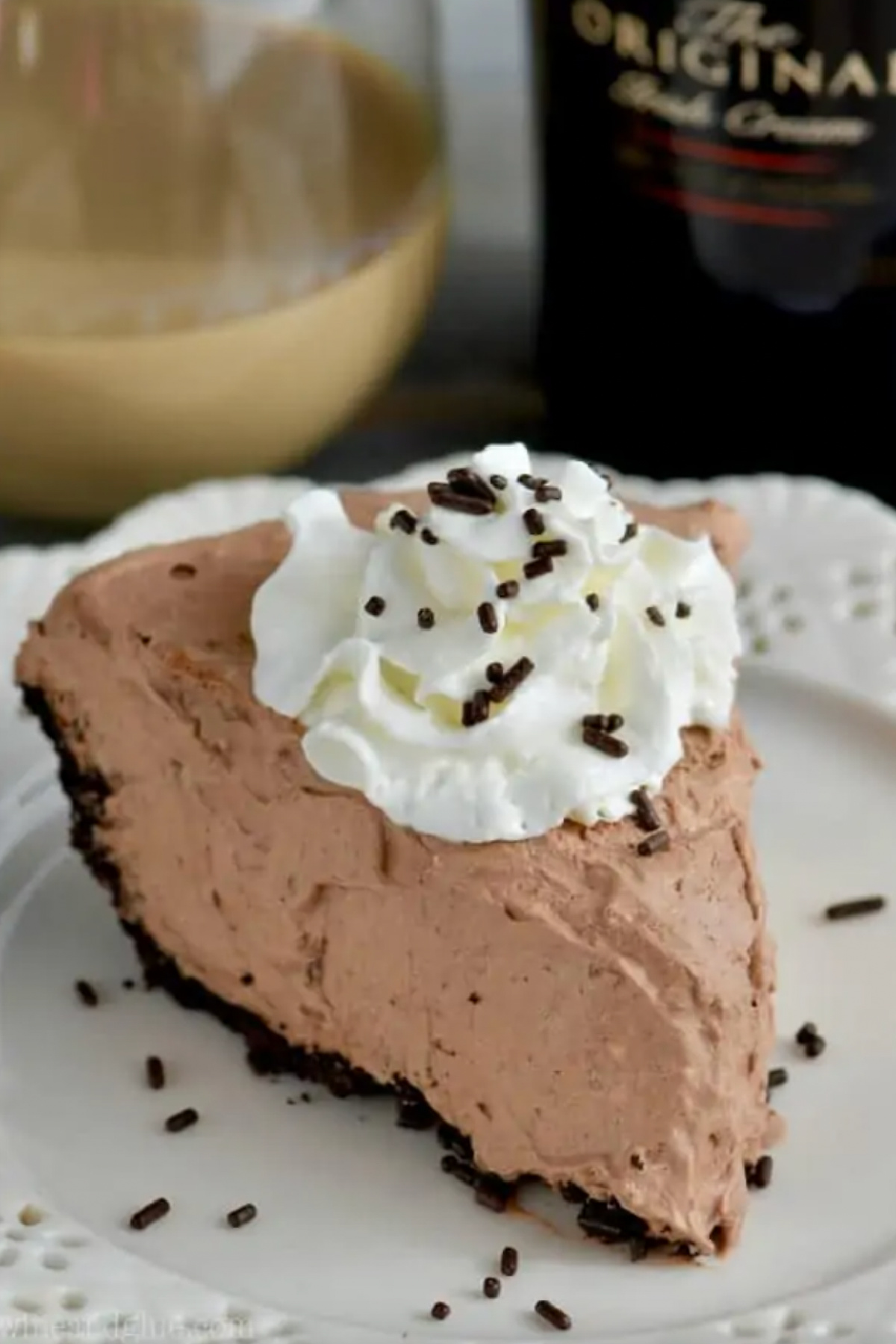 slice of no bake baileys chocolate pie