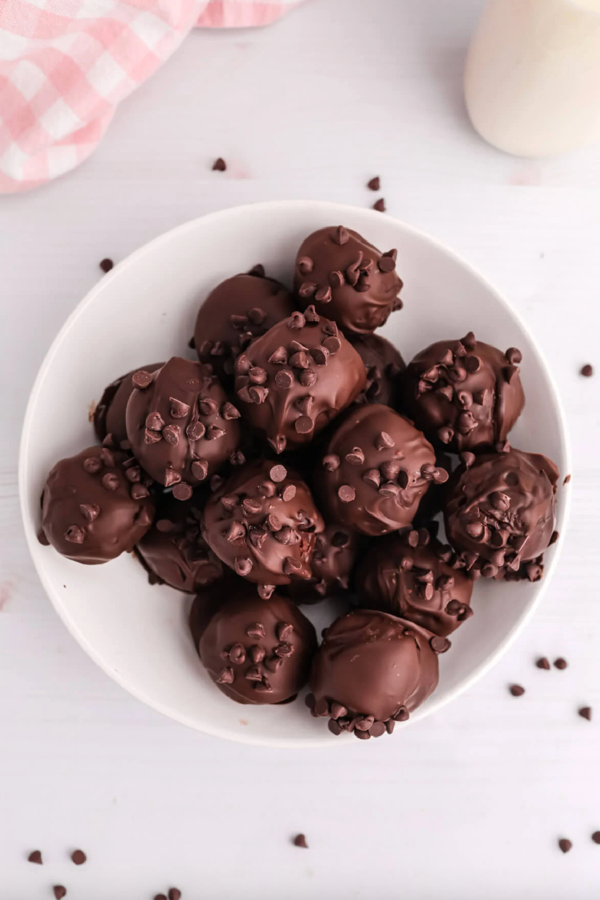 overhead shot of no bake brownie bites on plate