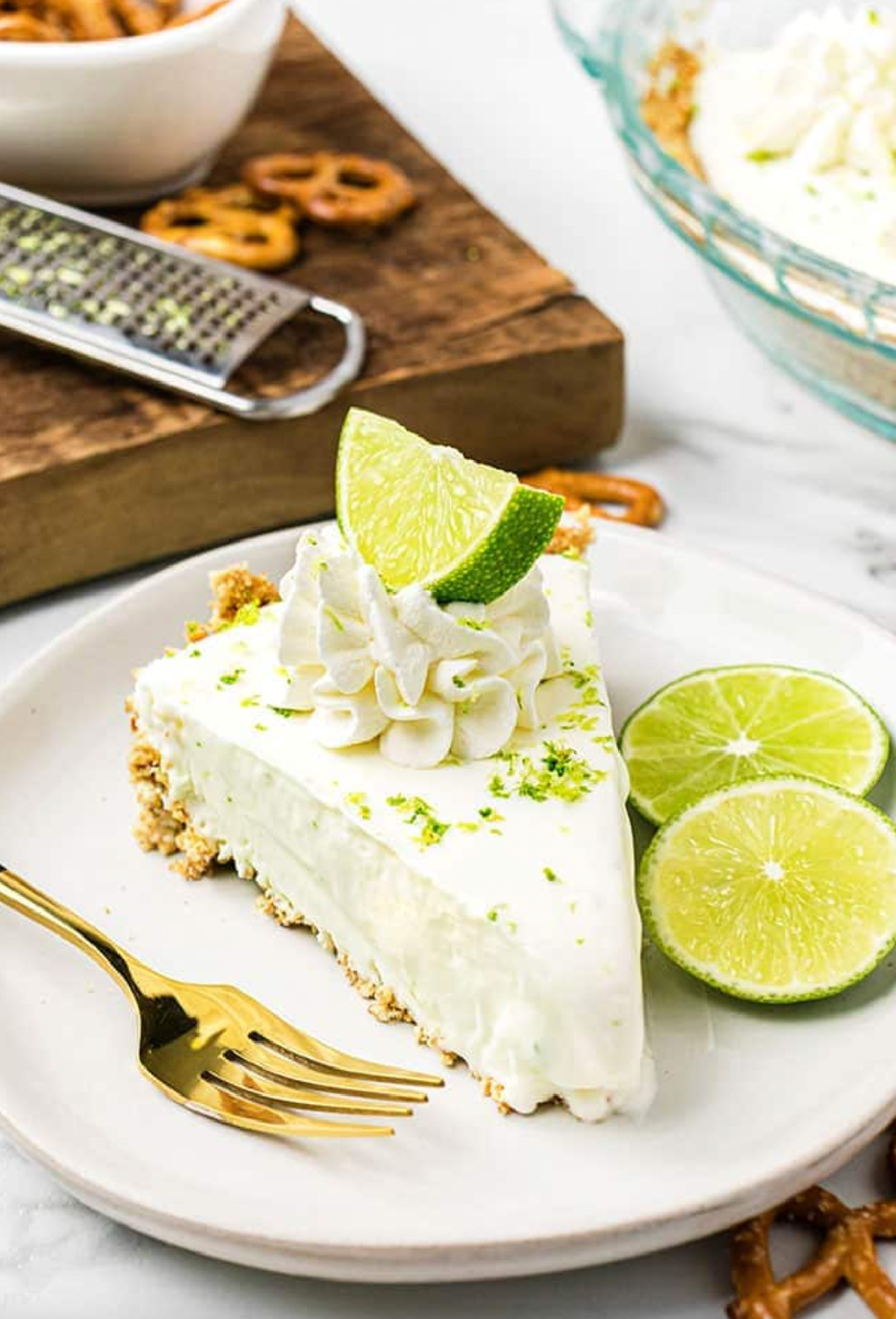 slice of no bake frozen margarita pie on plate