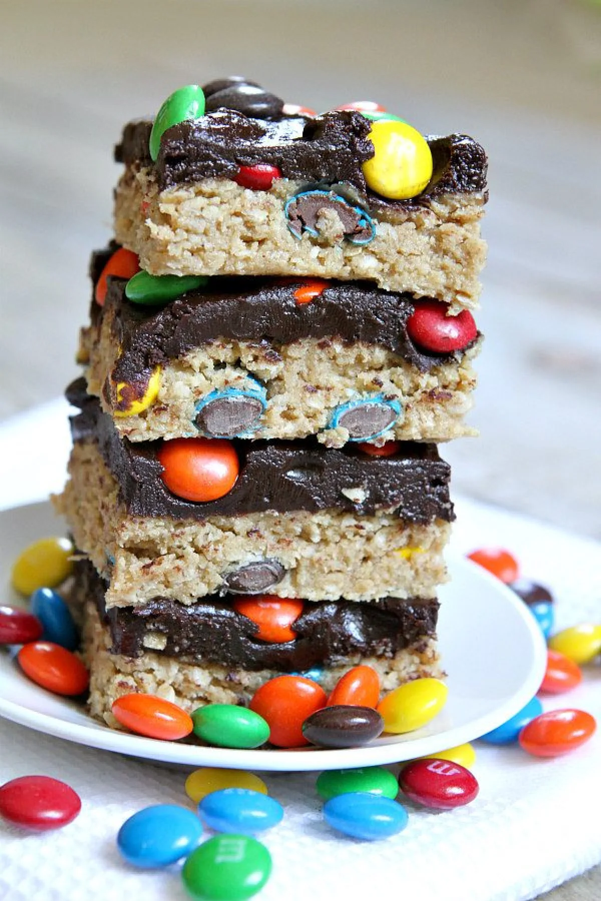 no bake monster cookie bars stacked