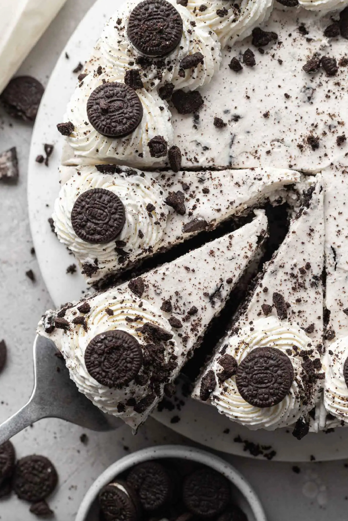 overhead shot of no bake oreo cheesecake cut into slices