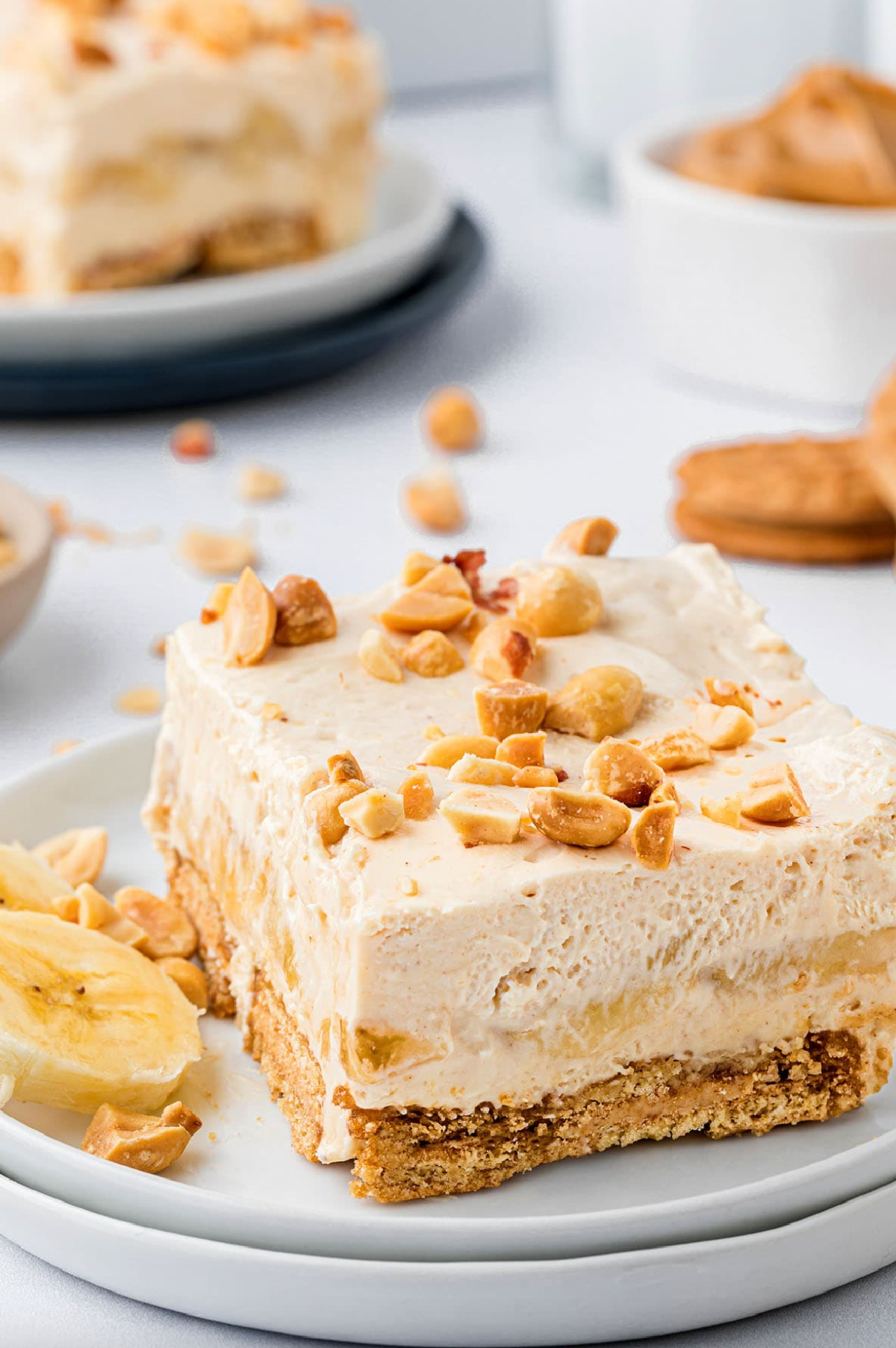 no bake peanut butter banana icebox cake slice on plate