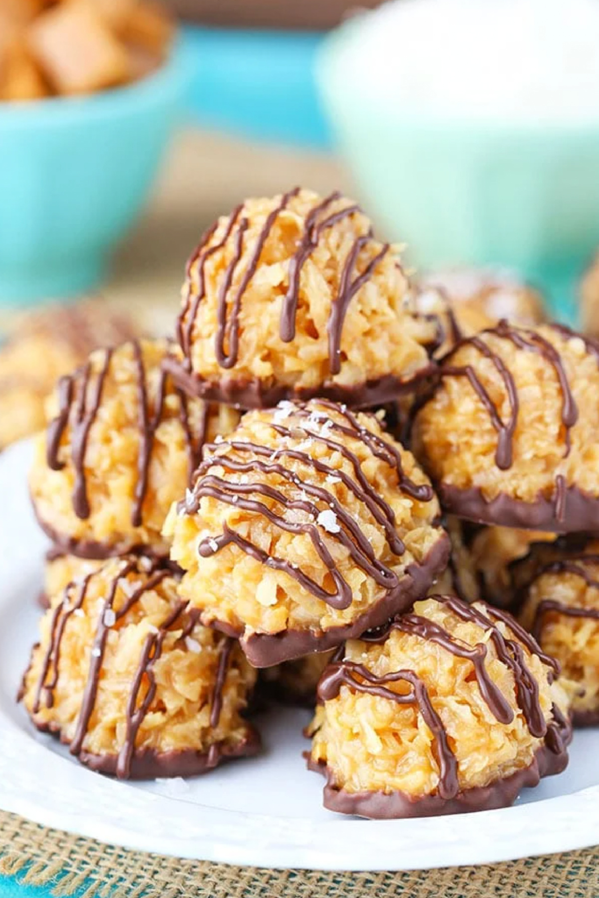 no bake salted caramel coconut macaroons stacked on plate