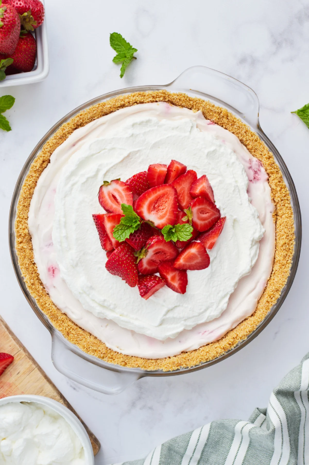 overhead shot of no bake strawberry cream pie