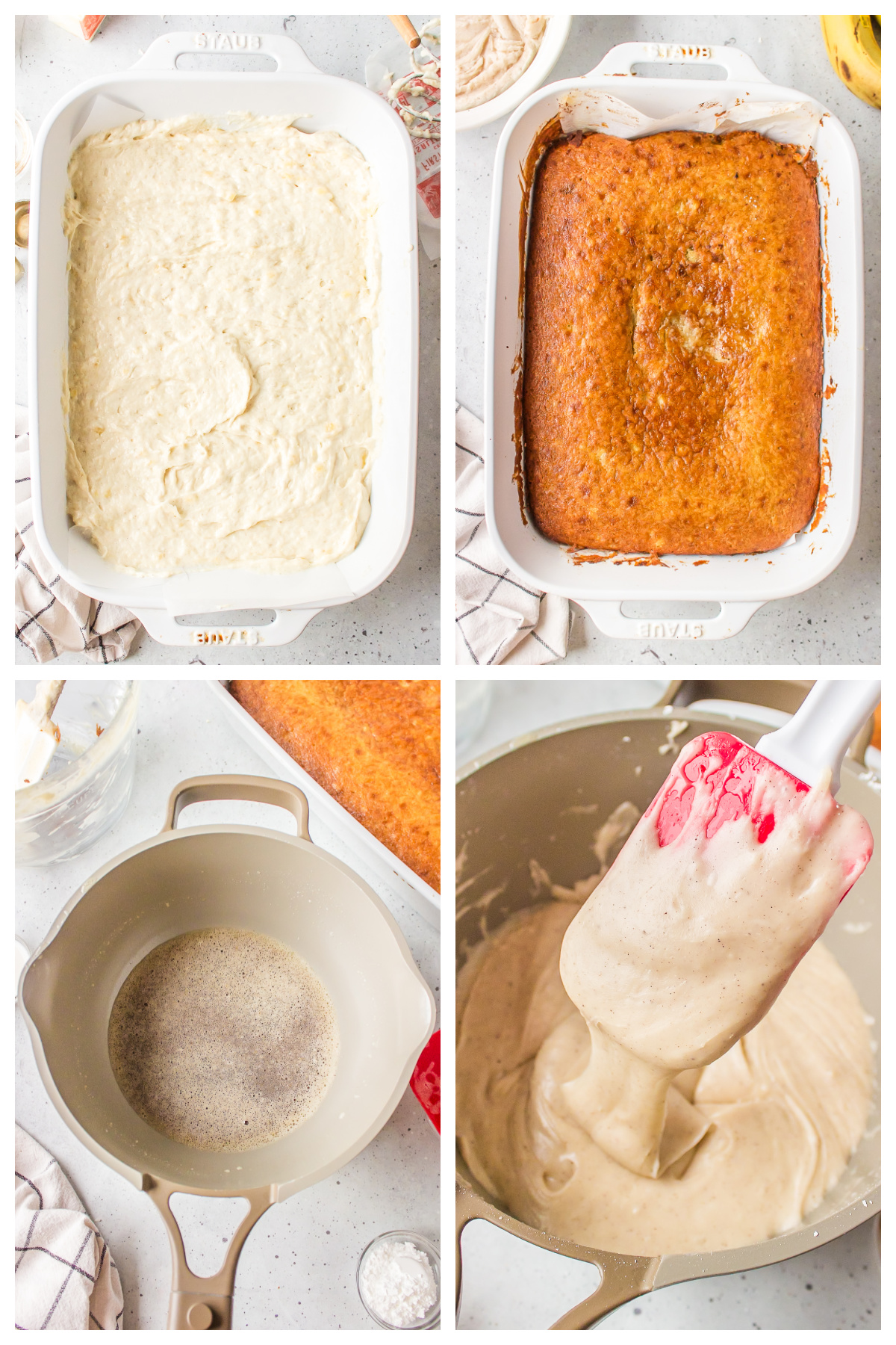 four photos showing how to make banana bread bars