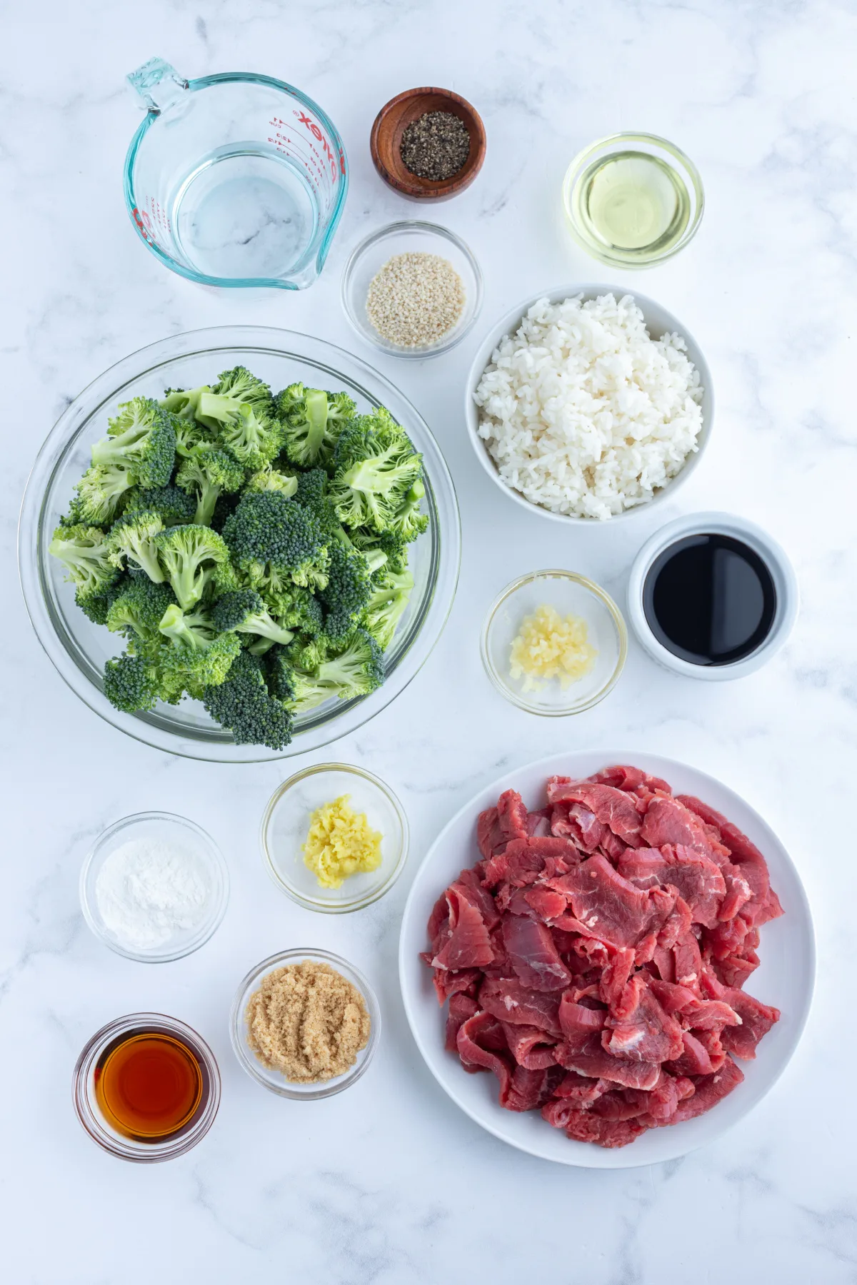 ingredients displayed for making beef and broccoli stir fry