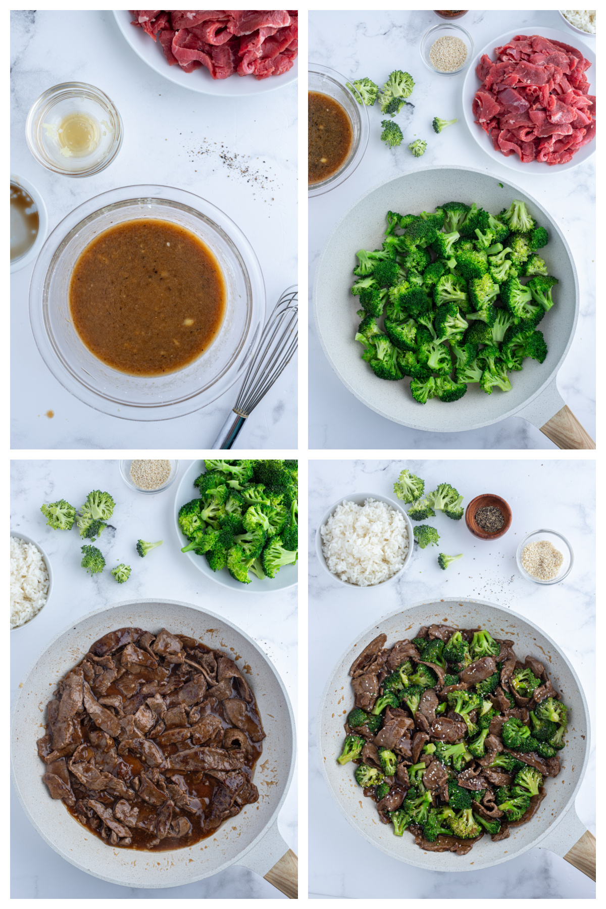 four photos showing how to make beef and broccoli stir fry