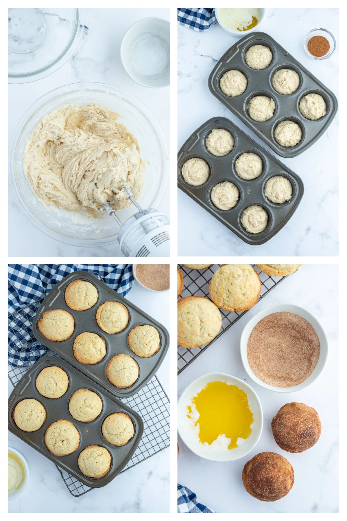 four photos showing how to make cinnamon sugar muffins