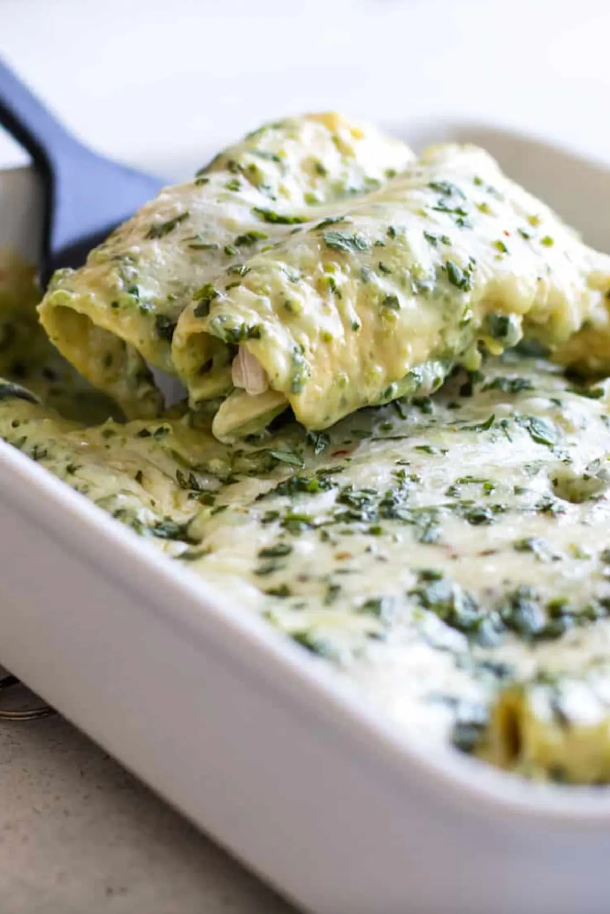 poblano chicken enchiladas in baking dish