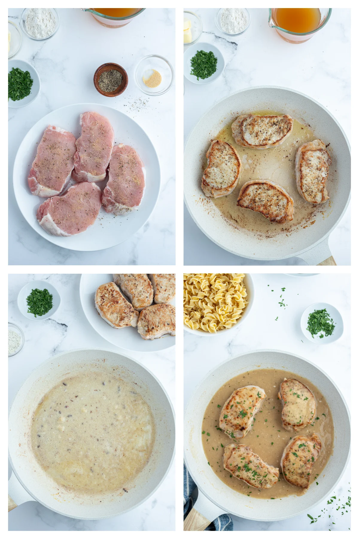 four photos showing how to make ranch pork chops