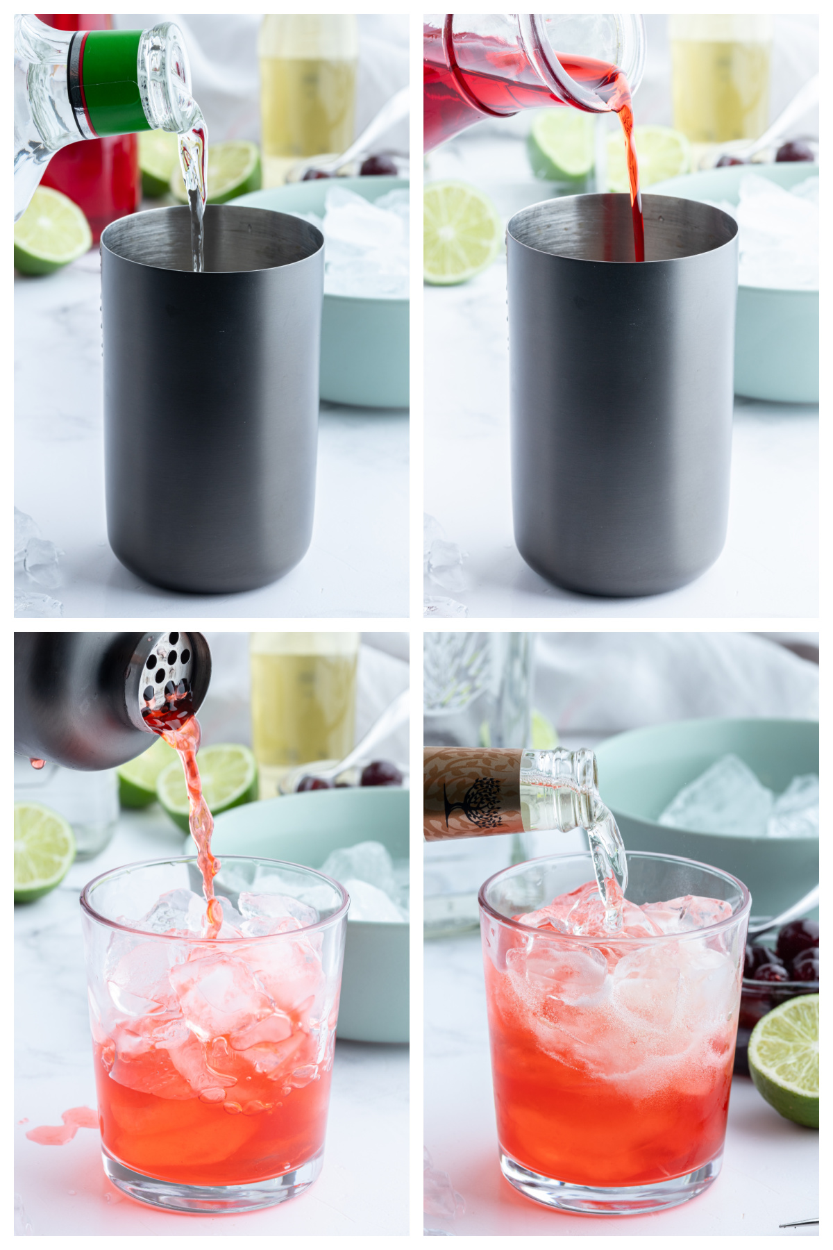four photos showing how to make a tequila shirley temple
