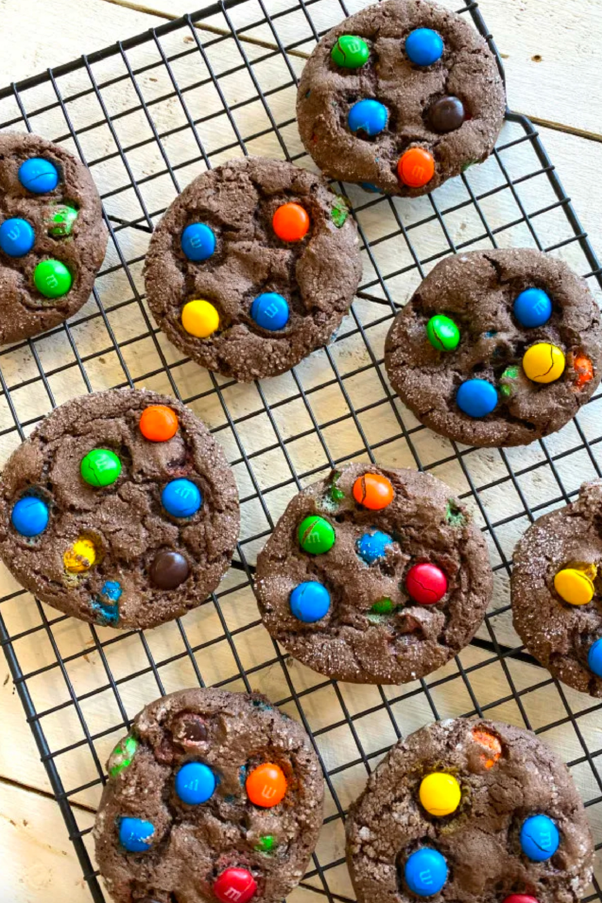 chocolate cake mix m&m cookies on baking rack