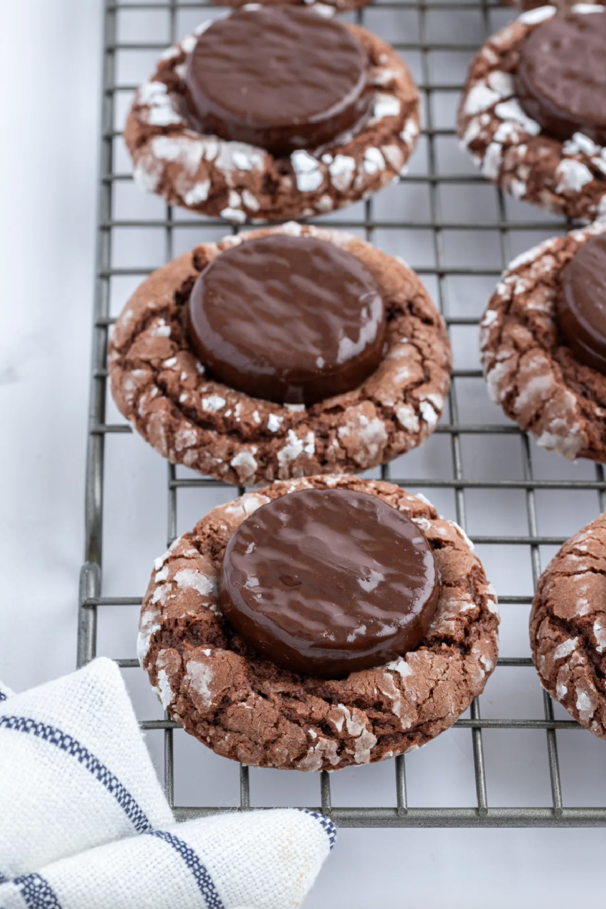 fudgy mint cake mix cookies on a baking rack