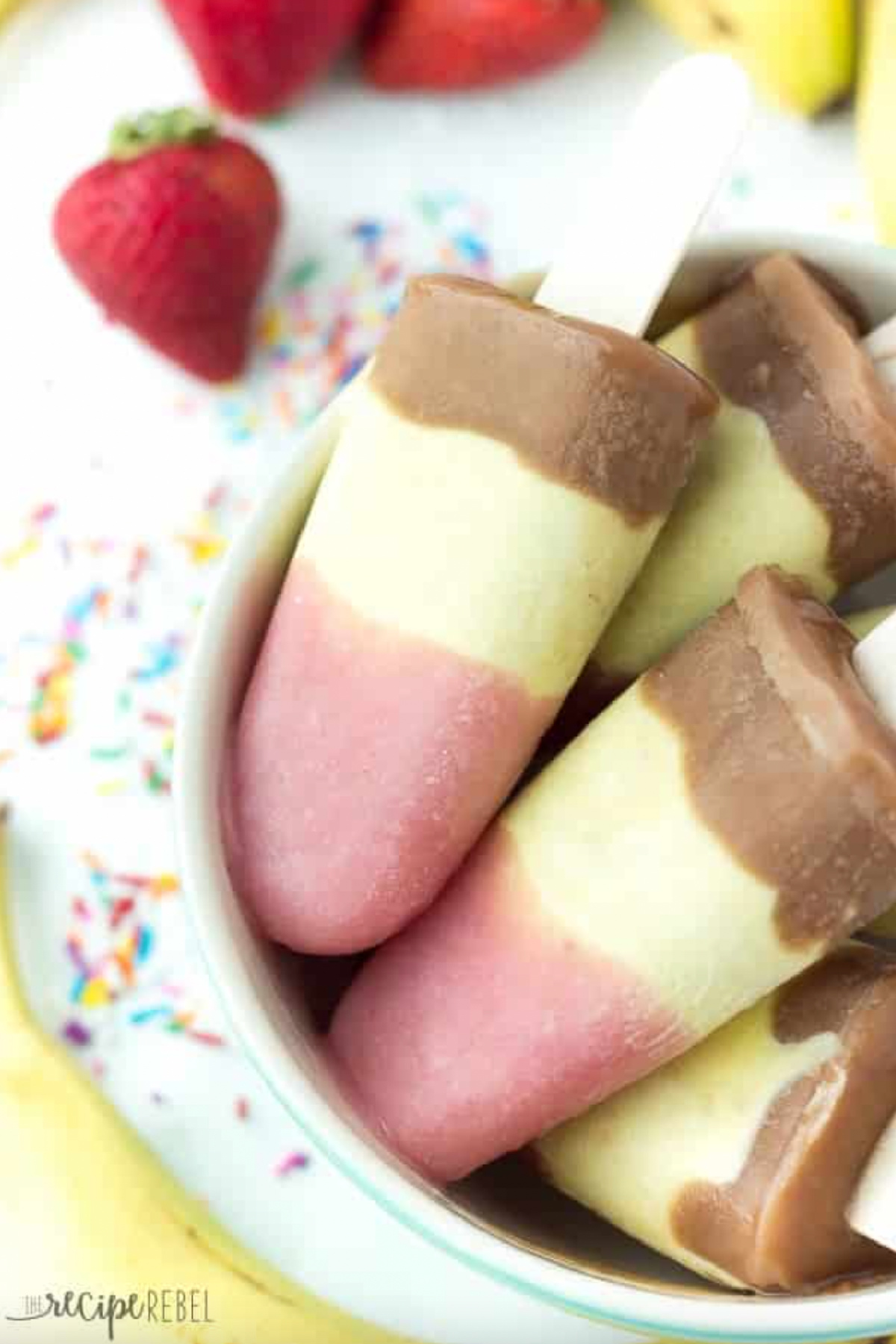 banana split pudding pops in bowl