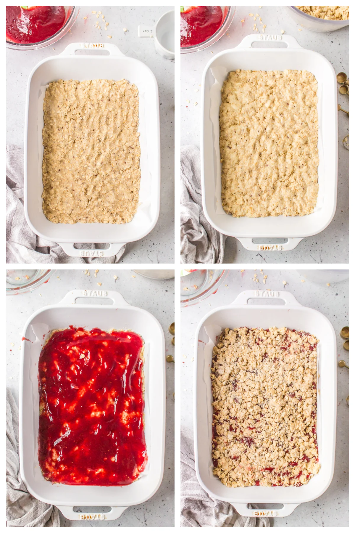 Raspberry Oatmeal Bars recipe from RecipeBoy.com four photos showing how to make raspberry oatmeal bars