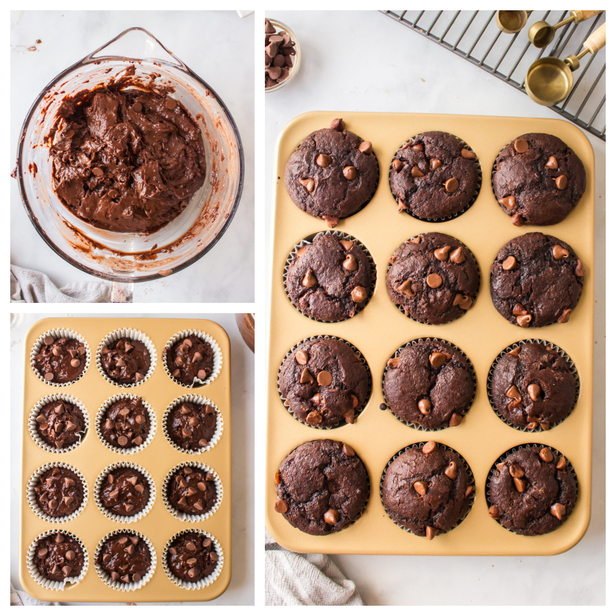 three photos showing how to make chocolate espresso muffins