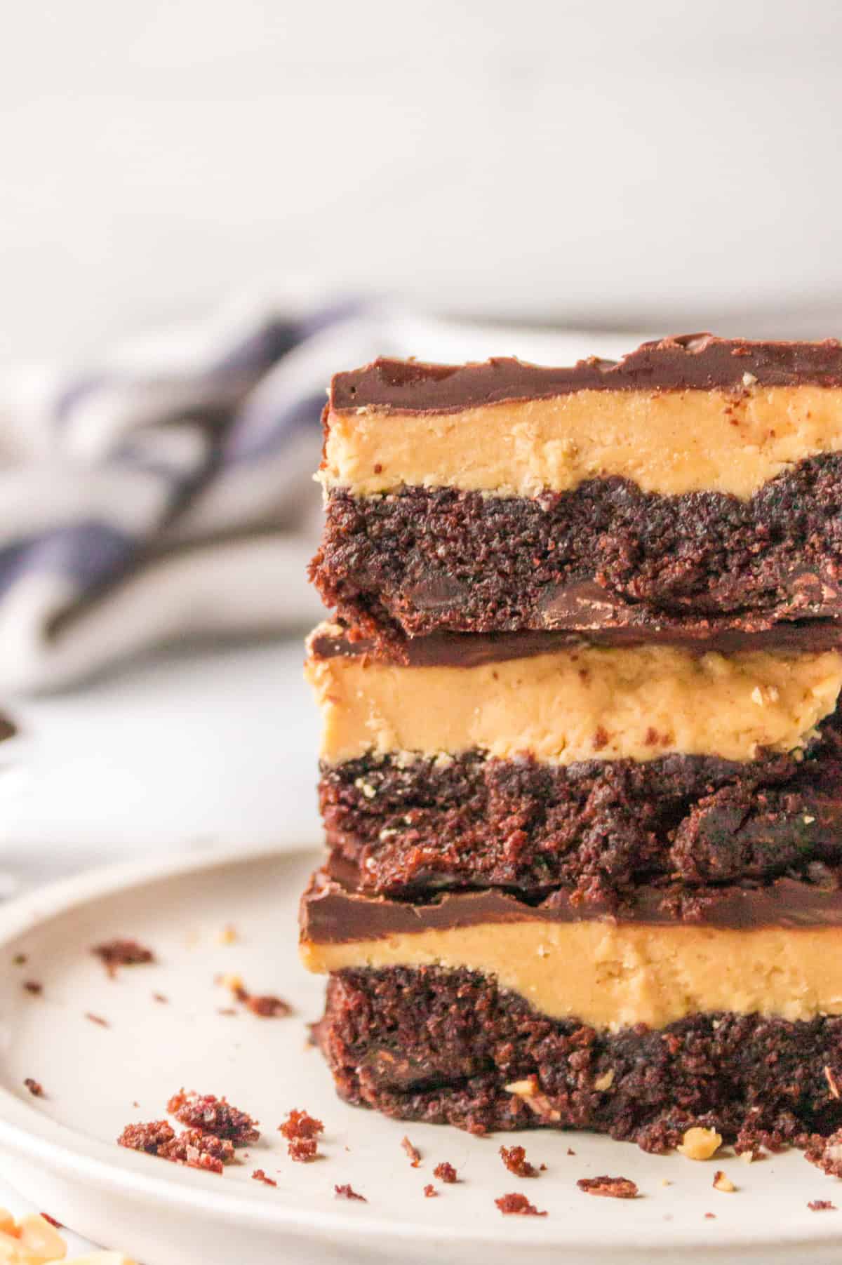 close up view of buckeye brownies stacked