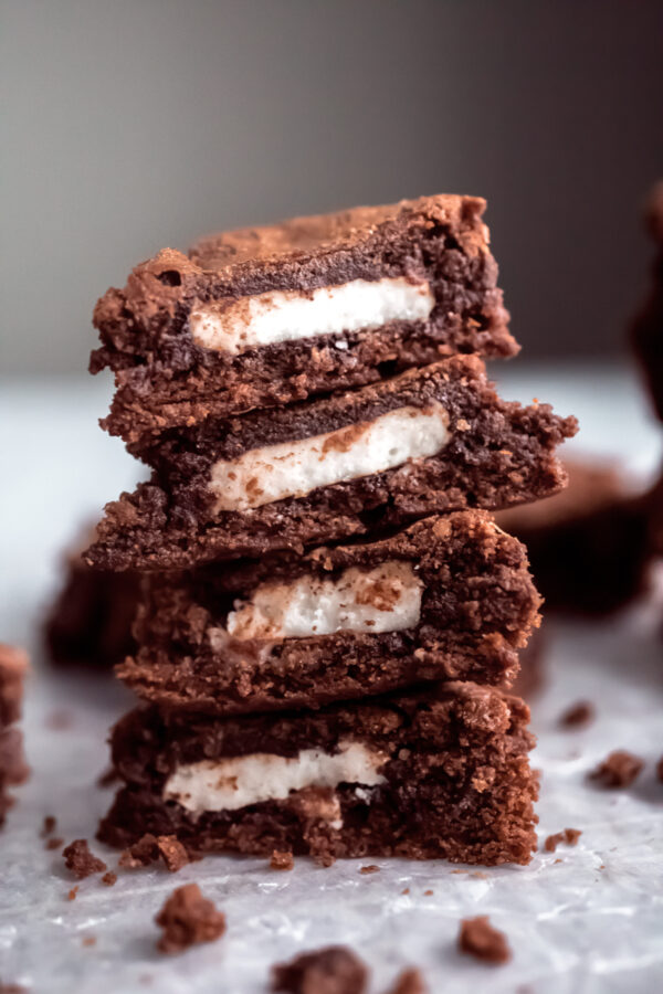 stack of peppermint surprise brownies