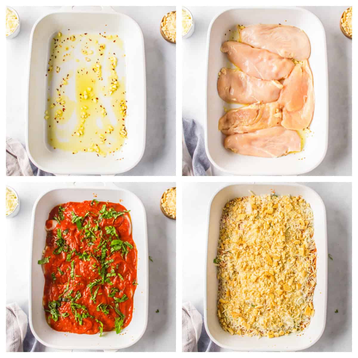 Make Chicken Parm the easy way! Baked Parmesan Chicken is juicy, cheesy, and topped with a buttery Ritz cracker crust. It’s loaded with flavor from garlic, Parmesan, and marinara — total family fave. four photos showing how to make baked parmesan chicken