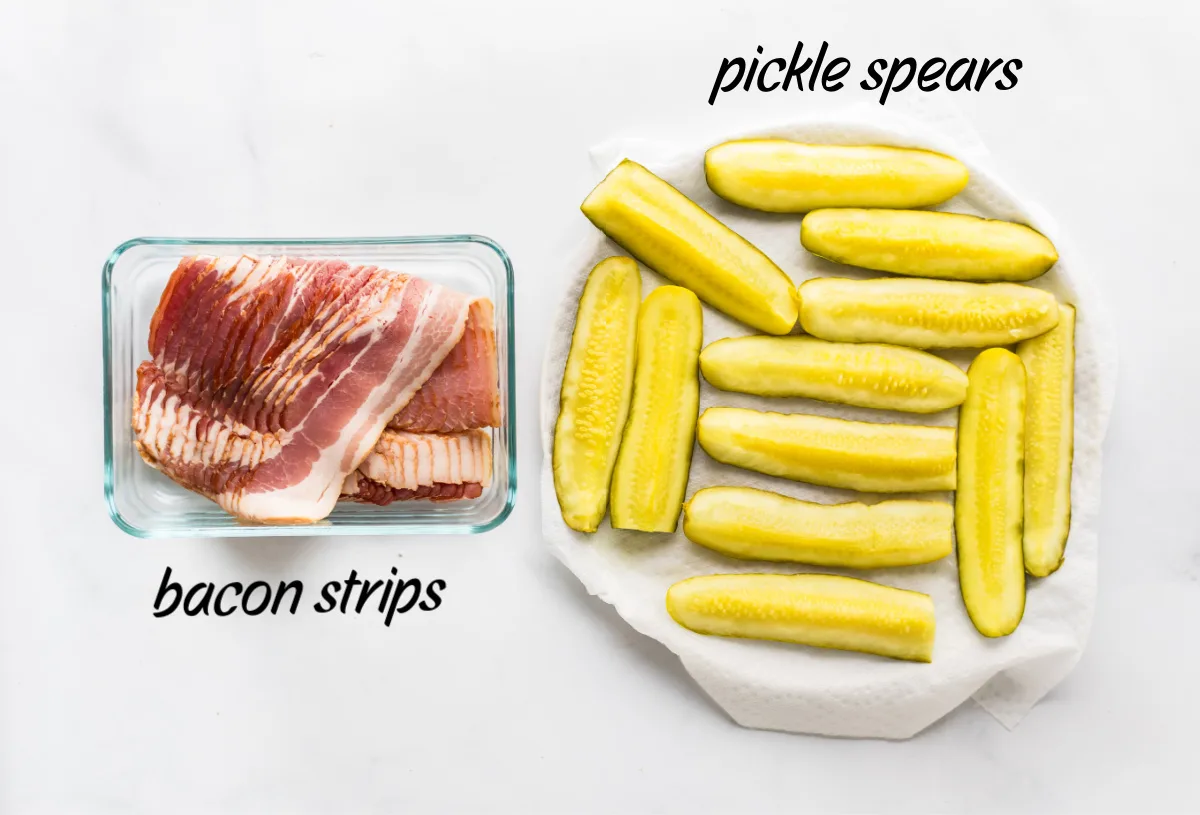 two photos showing the ingredients needed for making bacon wrapped pickles