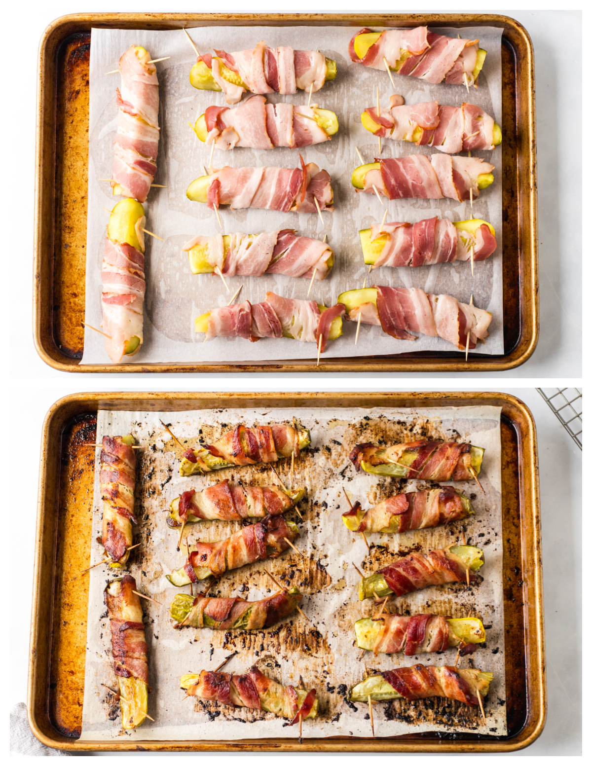 two photos showing bacon wrapped dill pickles on baking sheet before and after baking