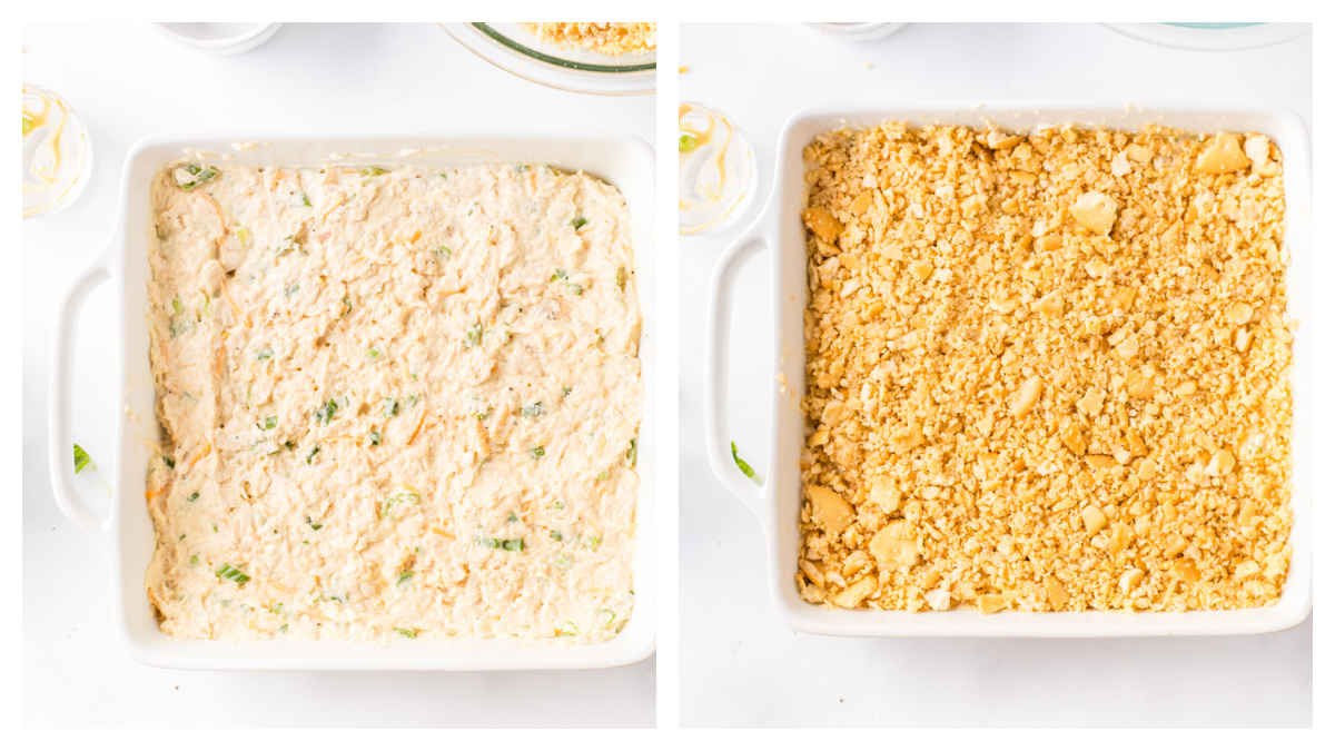 two photos showing how to make ritz chicken casserole