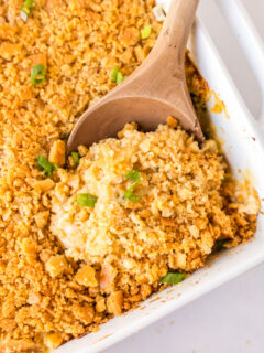 ritz chicken casserole in dish with spoon