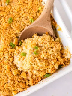 ritz chicken casserole in dish with spoon