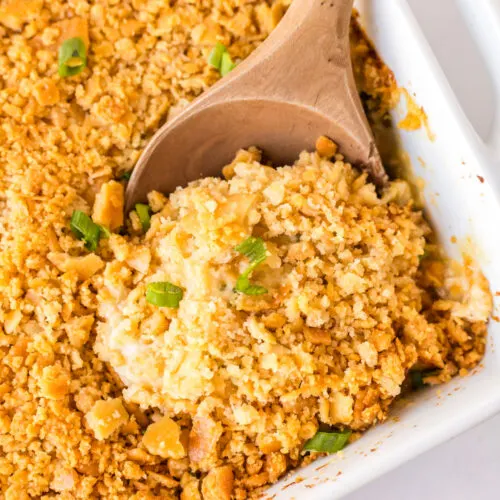 ritz chicken casserole in dish with spoon