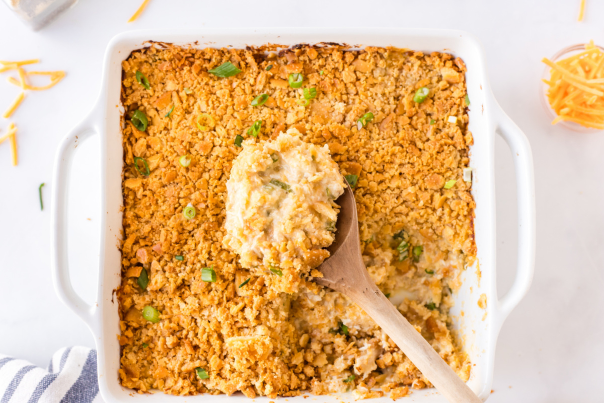 casserole dish of ritz chicken casserole with spoon
