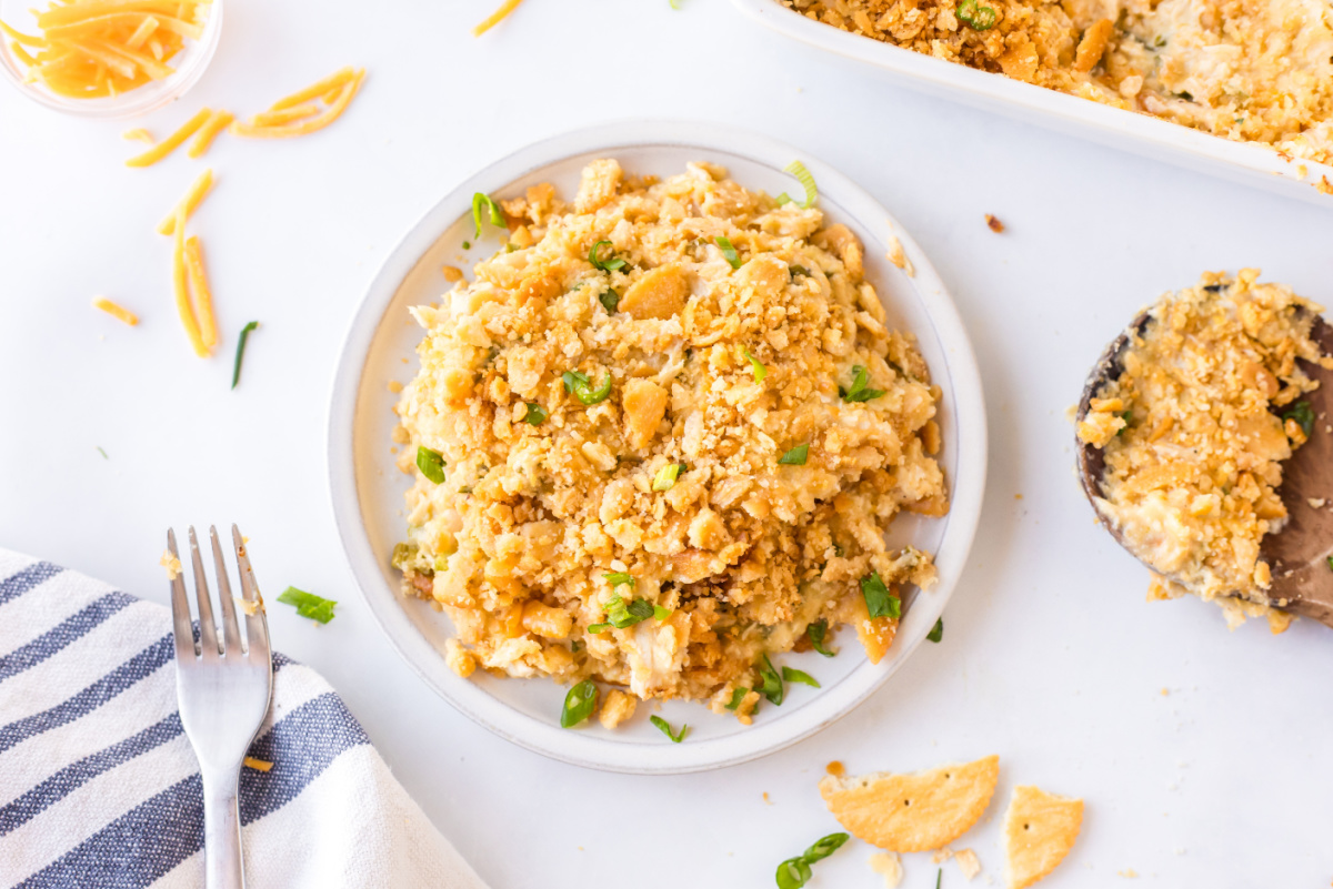 serving of ritz chicken casserole on plate