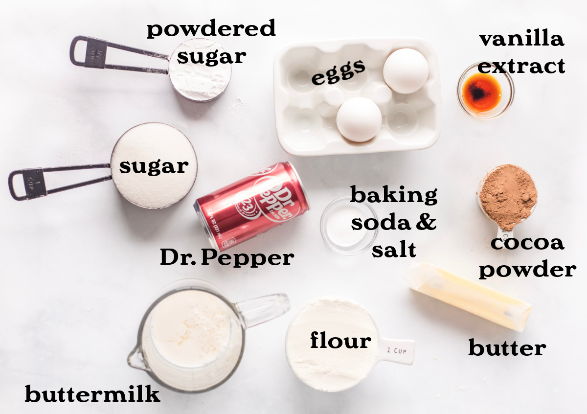 ingredients displayed for making dr. pepper cake