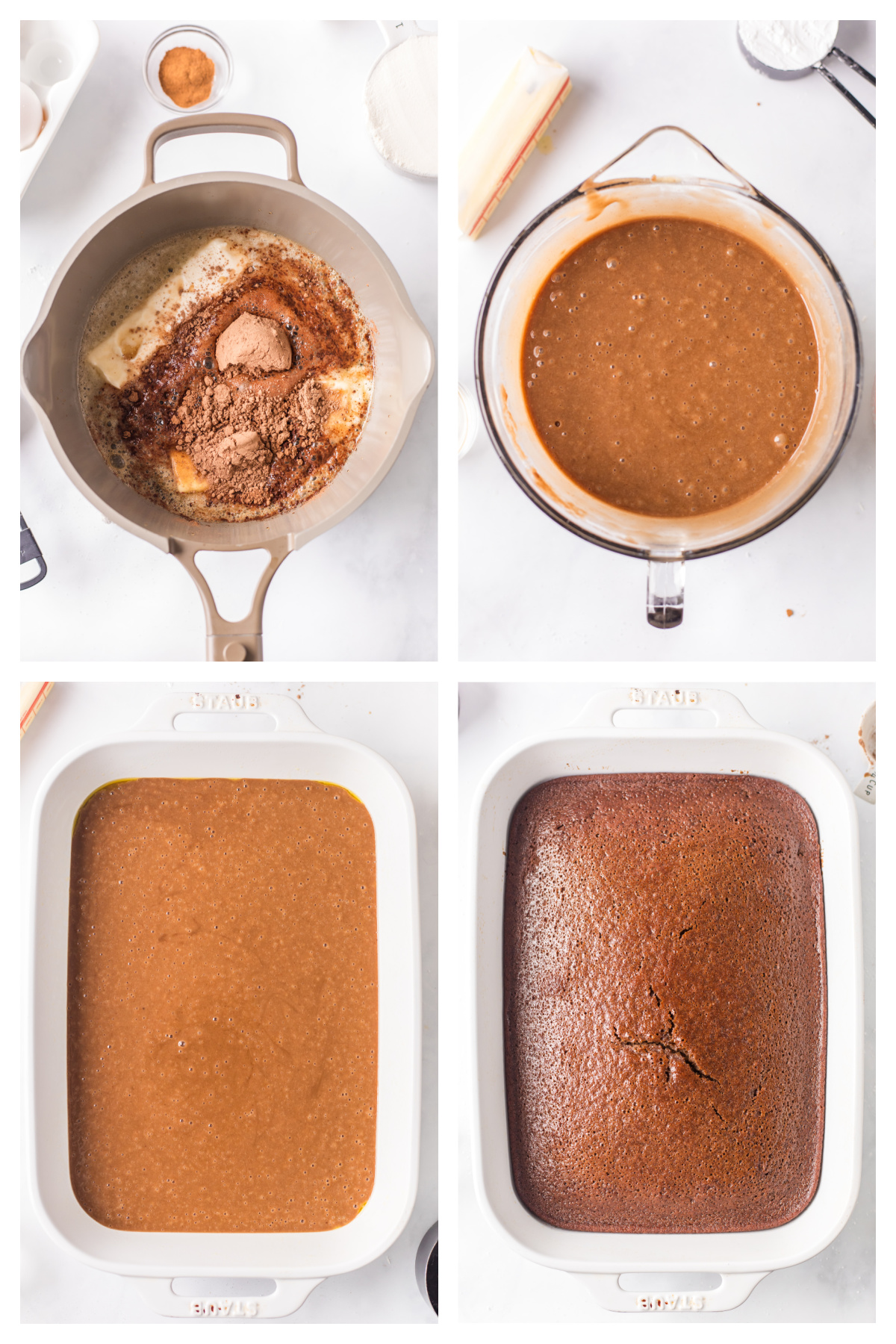 four photos showing how to make a dr. pepper cake