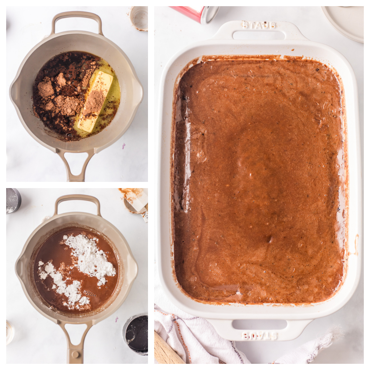 three photos showing how to make chocolate glaze and add it to cake