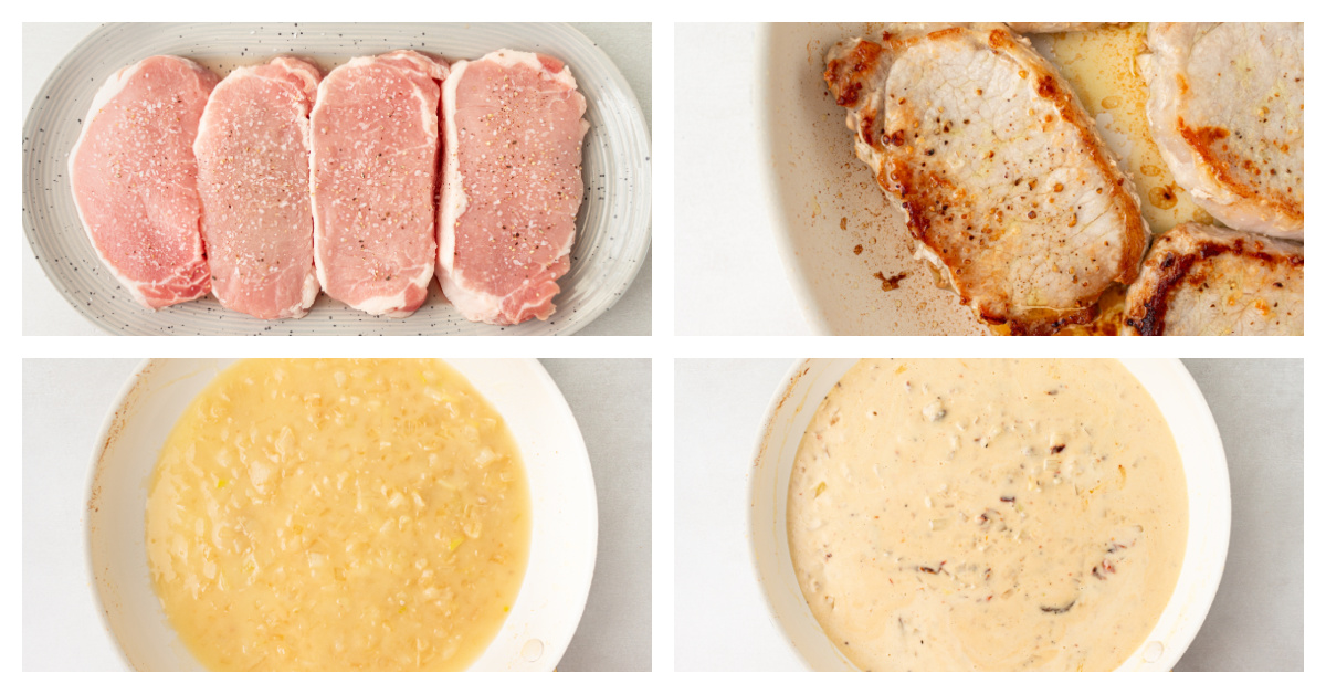 four photos showing how to make marry me pork chops and sauce