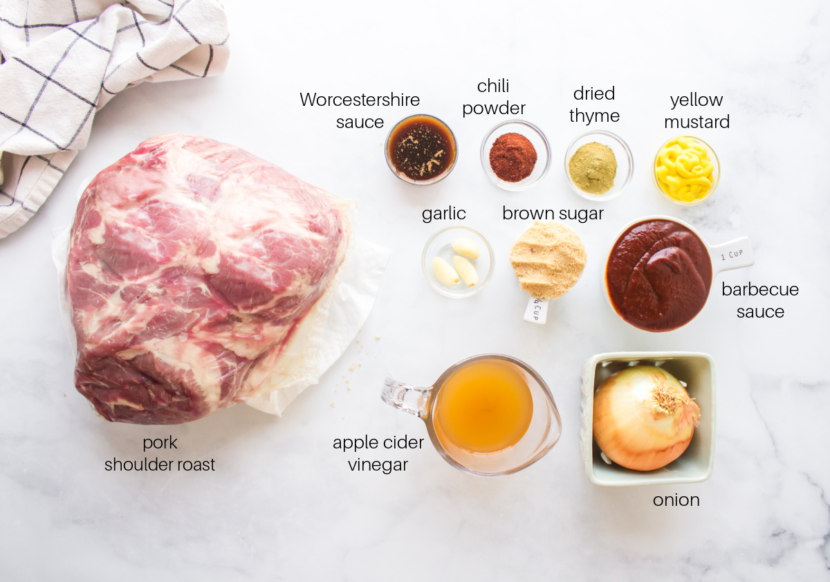 ingredients displayed for making slow cooker texas pulled pork