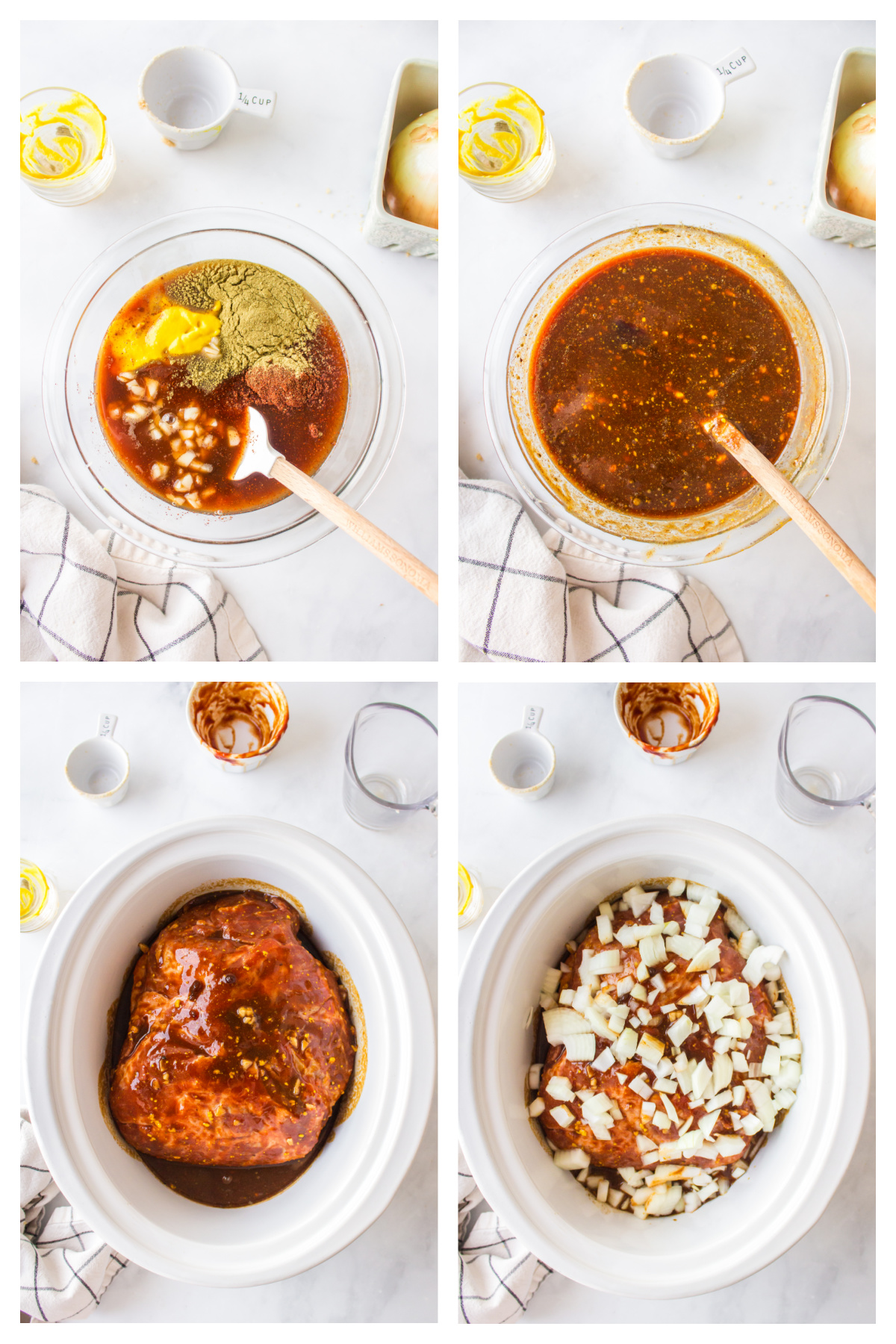 four photos showing how to make slow cooker texas pulled pork