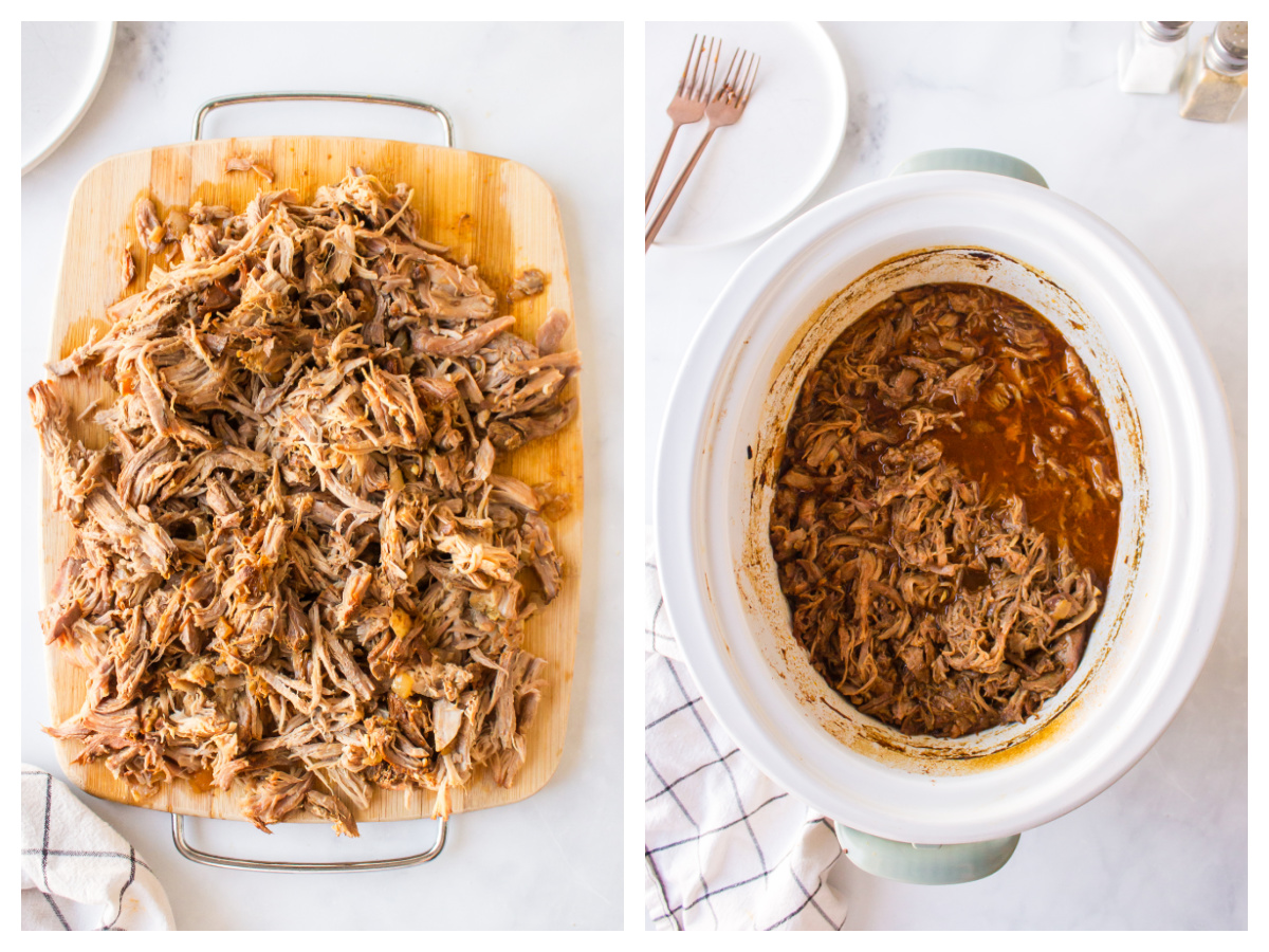 two photos showing pulled pork on board and crockpot with pulled pork and sauce