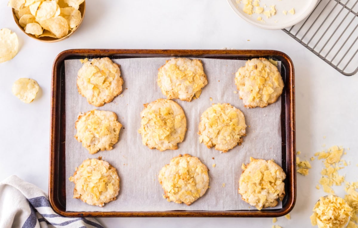 Potato Chip Cookies are sweet, salty and buttery with a unique crunch. An easy cookie recipe that everyone loves. potato chips cookies on baking sheet