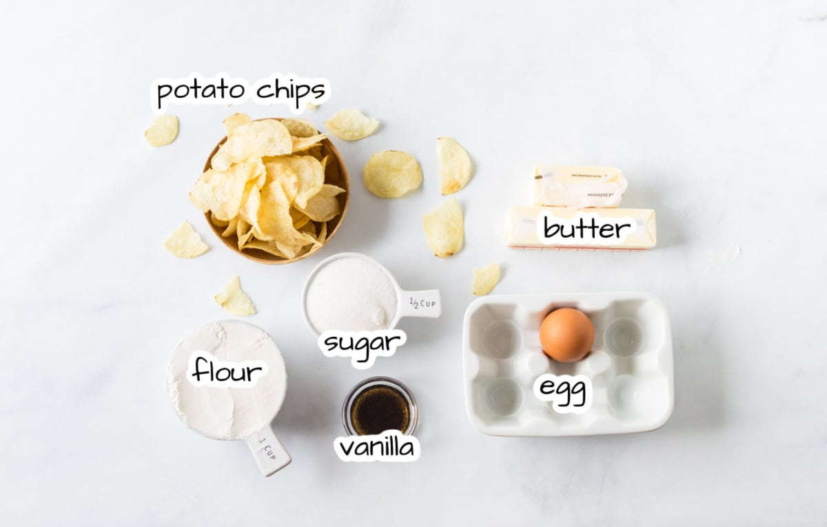 Potato Chip Cookies are sweet, salty and buttery with a unique crunch. An easy cookie recipe that everyone loves. ingredients displayed for making potato chip cookies