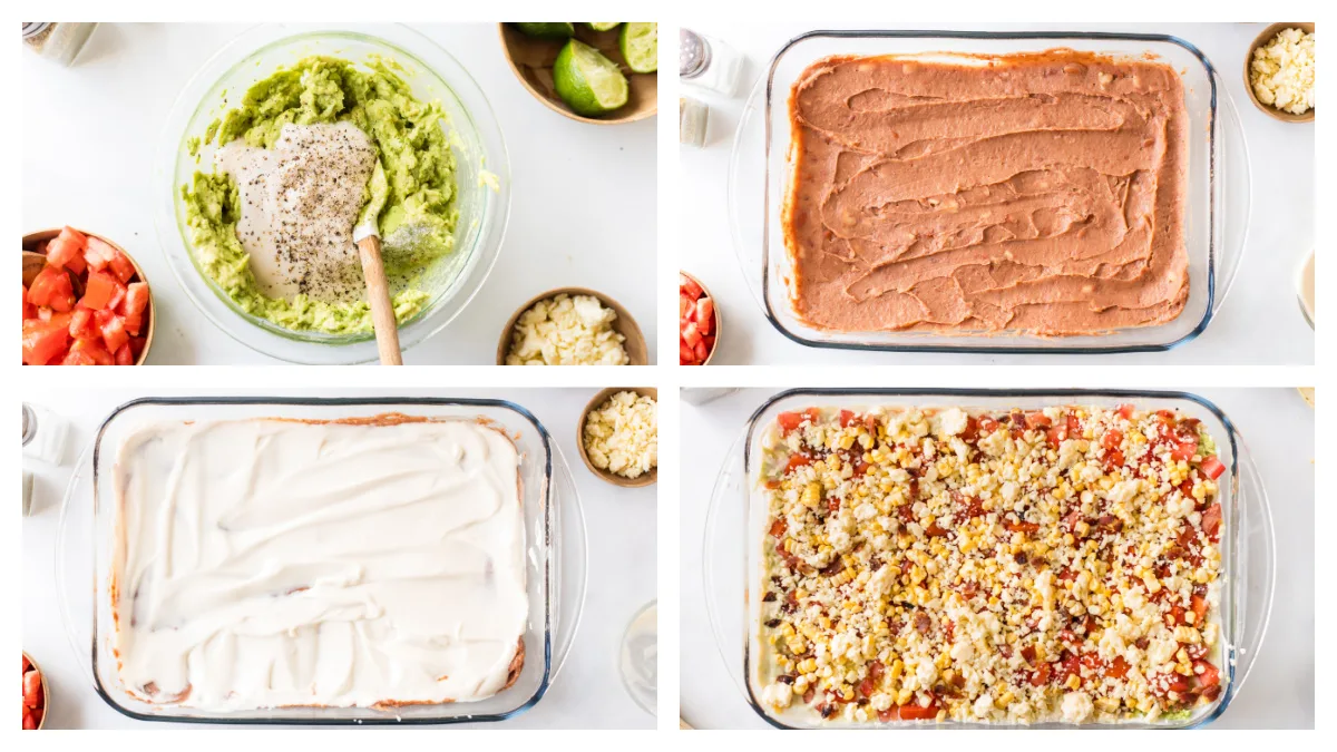 7 Layer Mexican Dip recipe from RecipeBoy.com four photos sharing how to make 7 layer mexican dip
