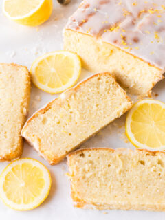 glazed lemon loaf cut into slices