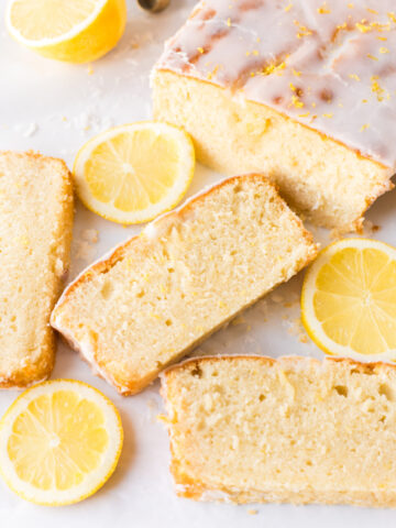 glazed lemon loaf cut into slices