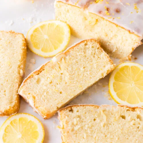 glazed lemon loaf cut into slices