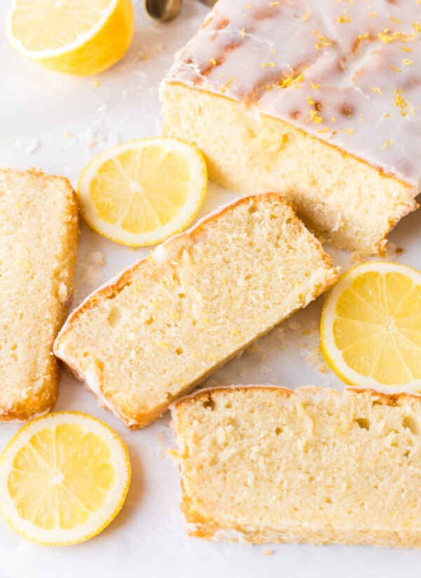 glazed lemon loaf cut into slices
