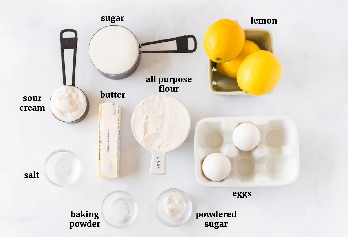 Glazed Lemon Loaf cake recipe from RecipeBoy.com ingredients displayed for making glazed lemon loaf