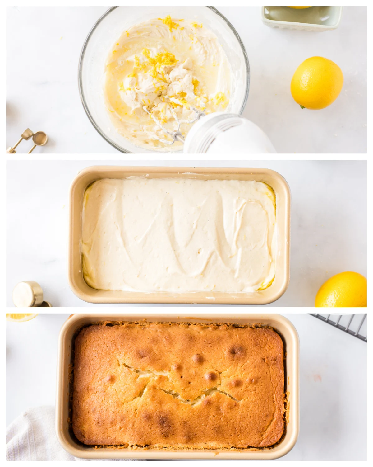 Glazed Lemon Loaf cake recipe from RecipeBoy.com three photos showing process of making glazed lemon loaf